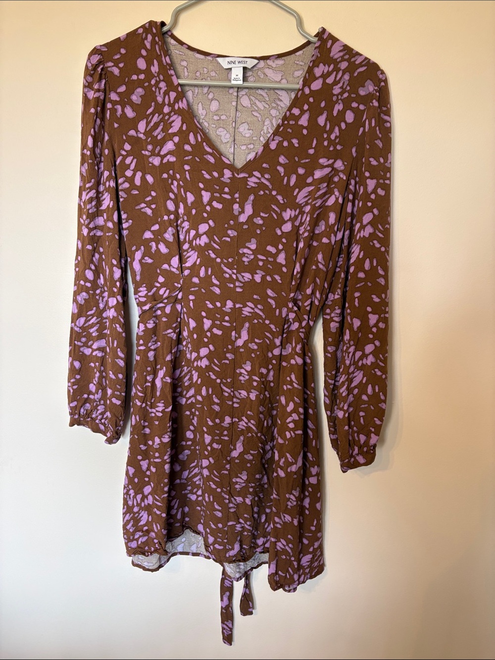 Nine West Brown Dress with Lavender Print V-Neck Long Sleeve
